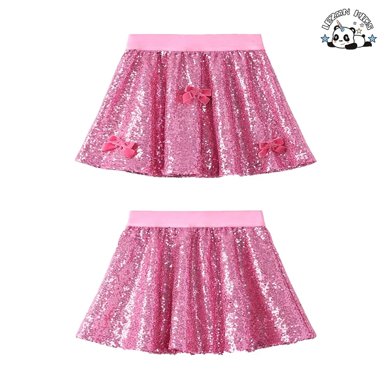 LEZONKIDS - Saia de tecido personalizável com lantejoulas no estilo A-line com laço Saia macia para meninas Saias de lantejoulas para crianças